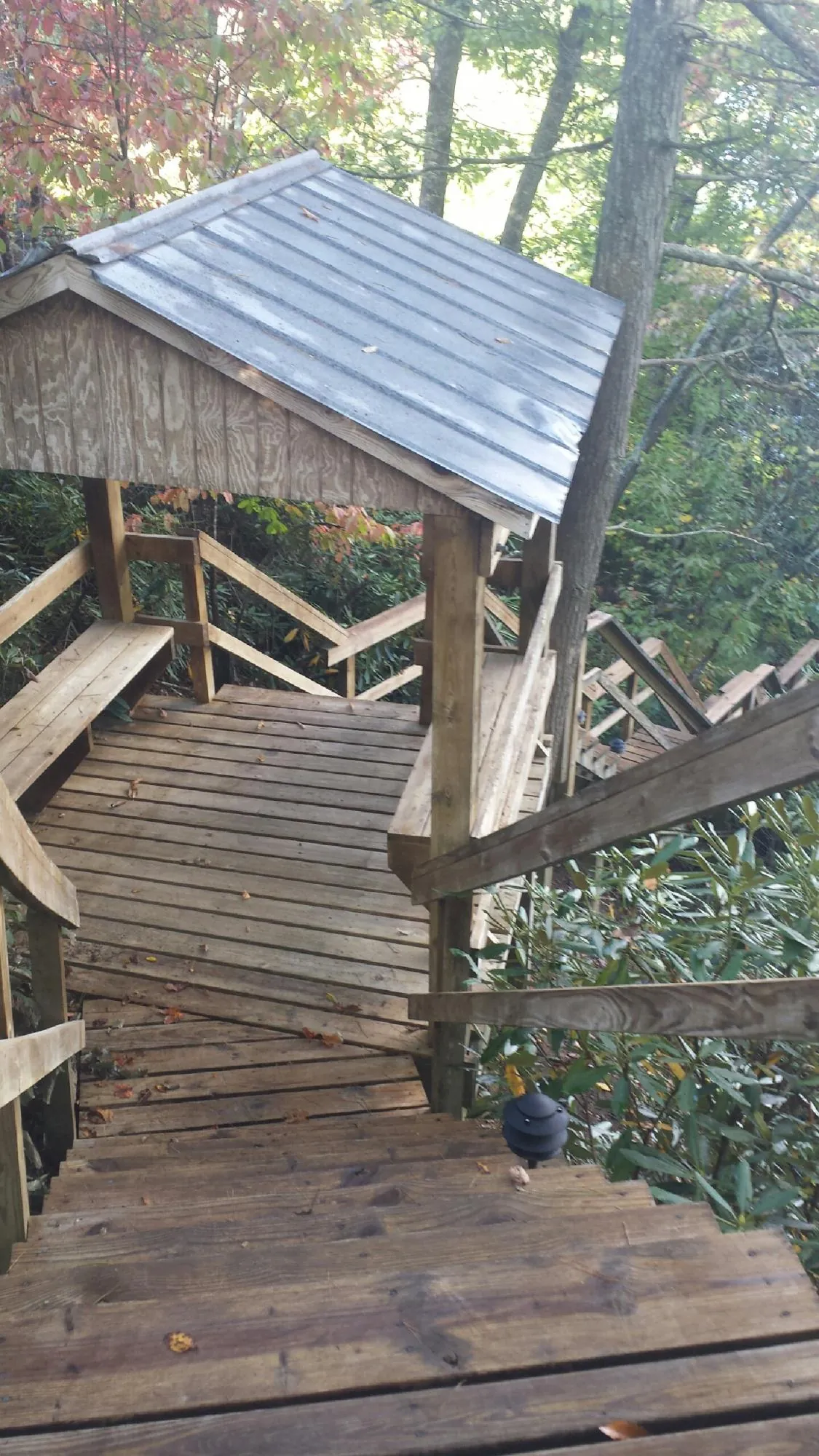 Metal roofed shelter over wooden steps on a wooded walkway — Skylight Repair & Installation work by our crew in Grand Saline